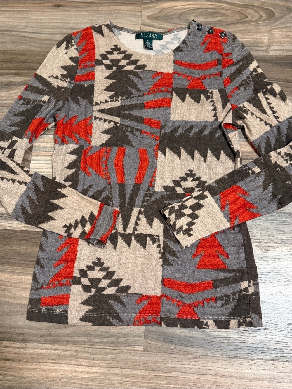 Lauren Ralph Lauren Tribal Aztec Top Women’s Sz. M Button Shoulder L/S Western